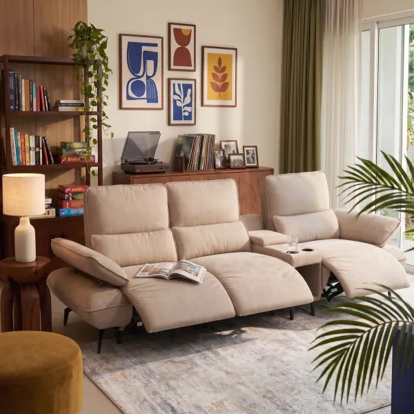 Vannessa Sand Beige 3 Seater Triple-Power Reclining Sofa With Adjustable Back and Console