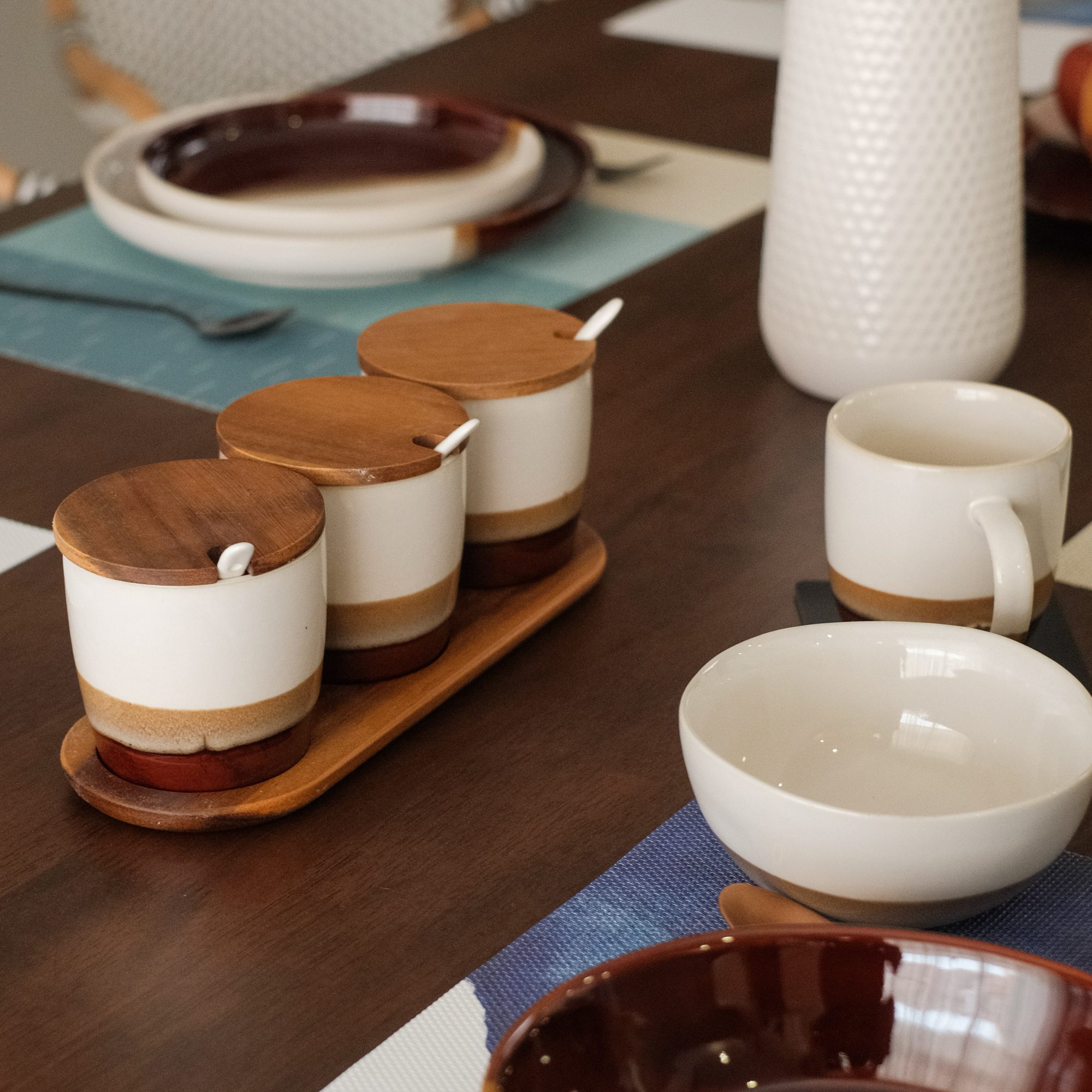 Jacob Bronze Set of 3 Sugar Pot with Wooden Lid & Tray