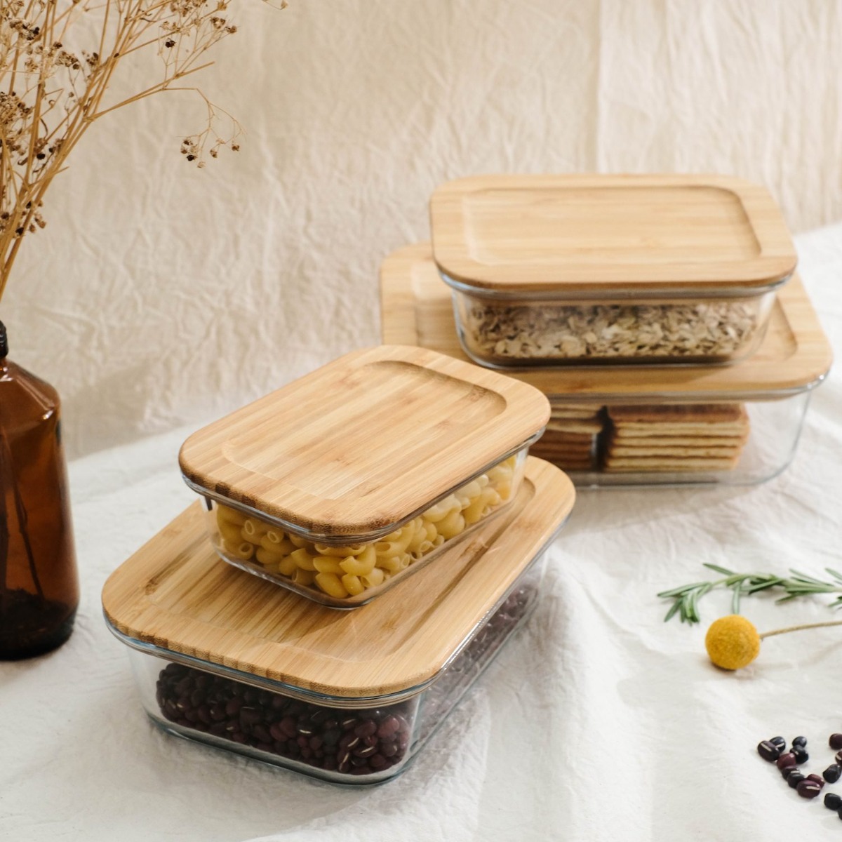 Delish Glass Food Container with Bamboo Lid (set of 4)