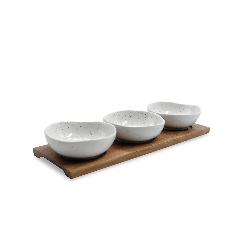 Calla White Set of 3 Bowl with Wooden Tray