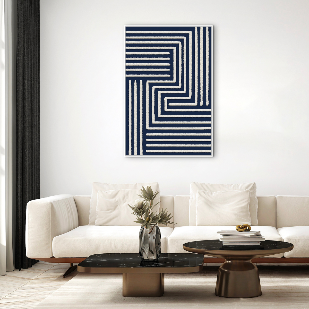 Framed Canvas 80X120cm Cotton - Navy & White Maze