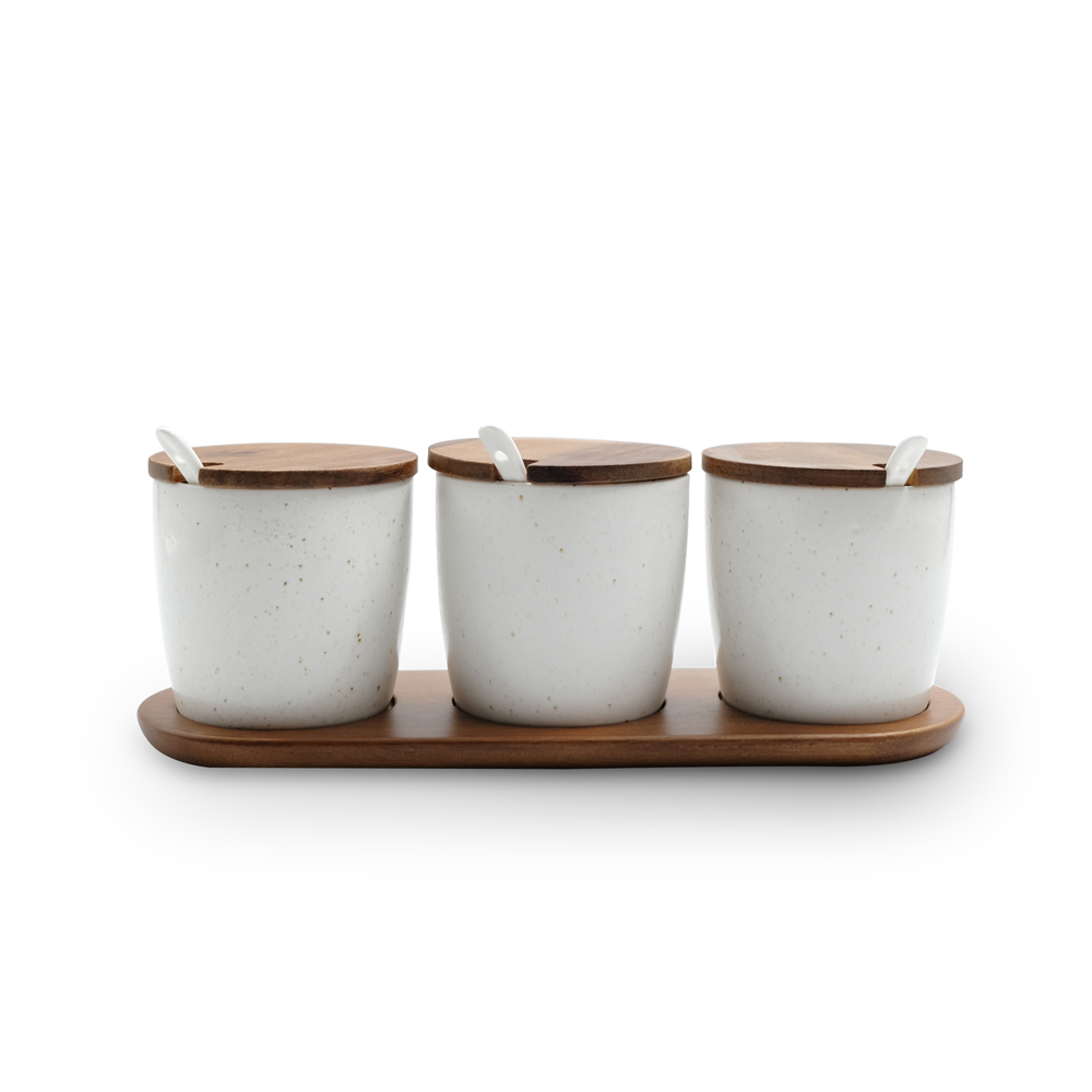 Calla White Set of 3 Sugar Pot with Wooden Lid & Tray