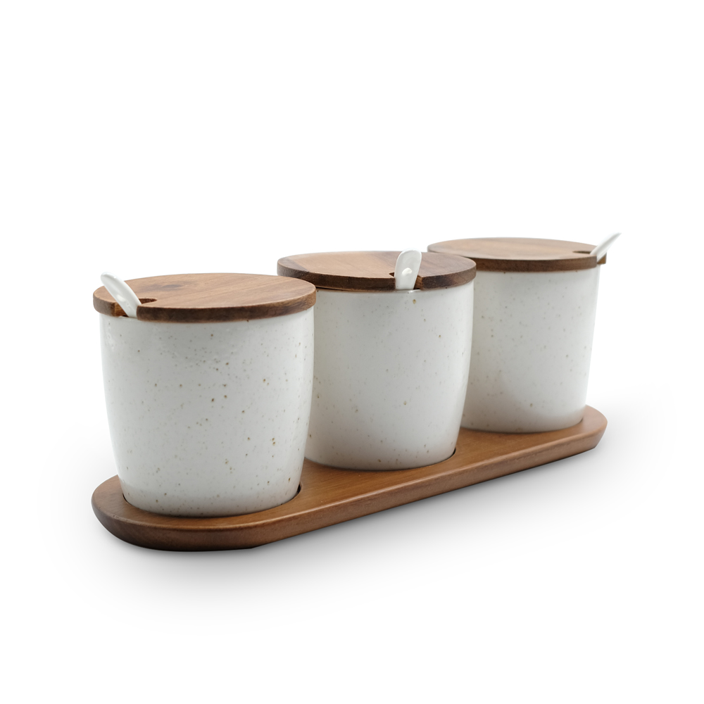 Calla White Set of 3 Sugar Pot with Wooden Lid & Tray