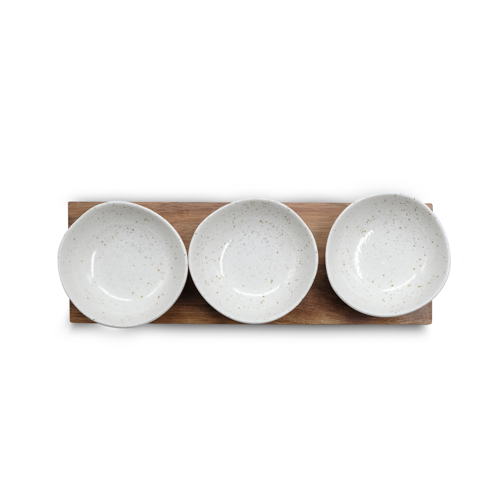 Calla White Set of 3 Bowl with Wooden Tray