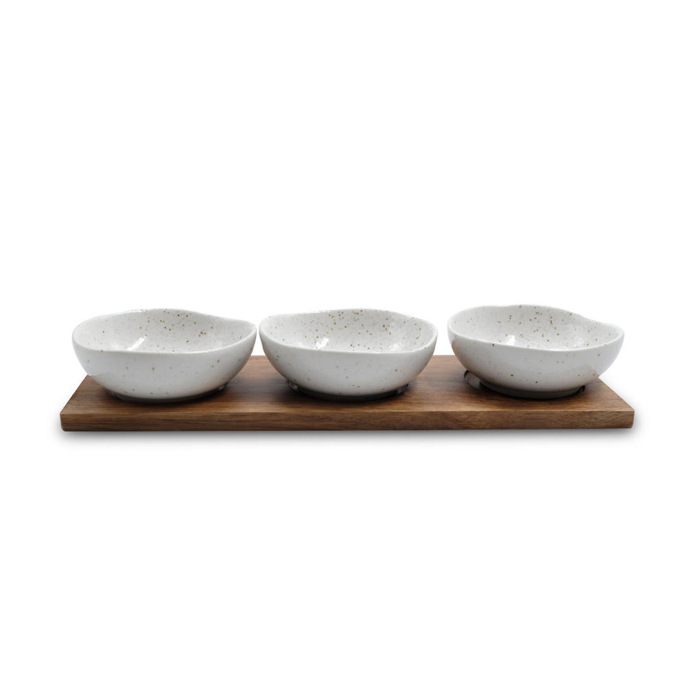Calla White Set of 3 Bowl with Wooden Tray