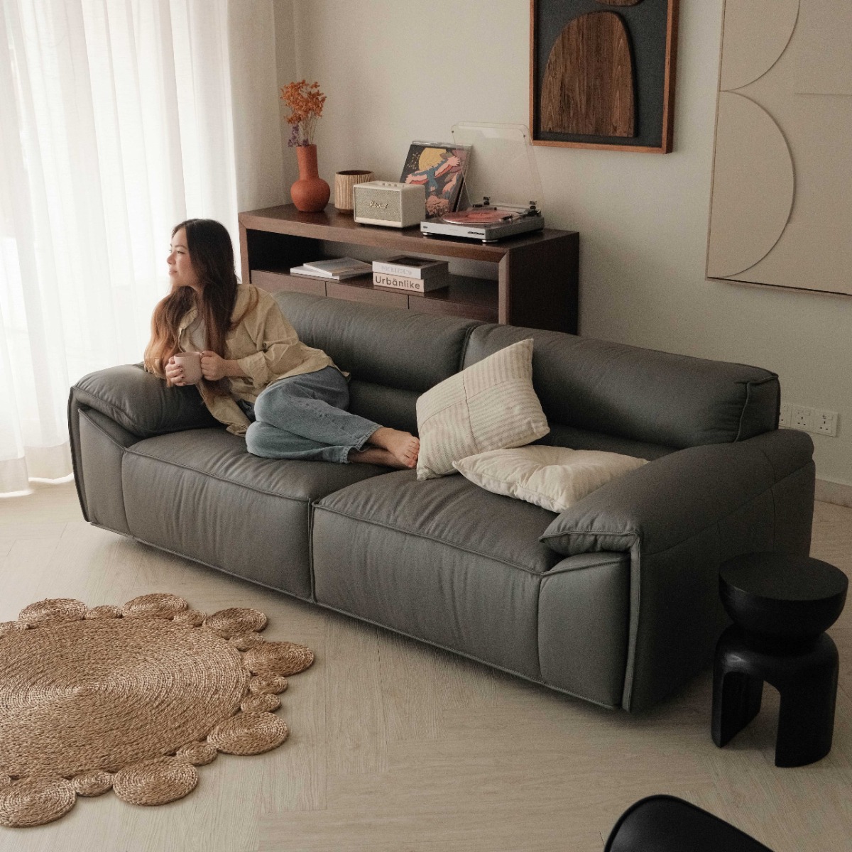 Ryder Coal Grey Full Leather 4 Seater Sofa