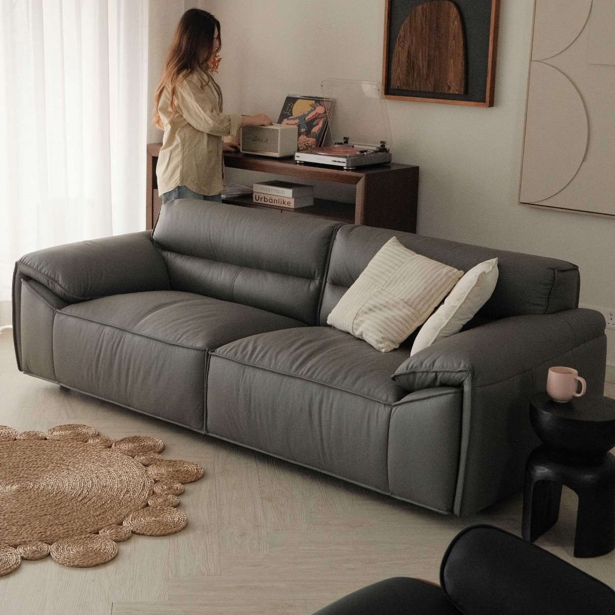 Ryder Coal Grey Full Leather 4 Seater Sofa