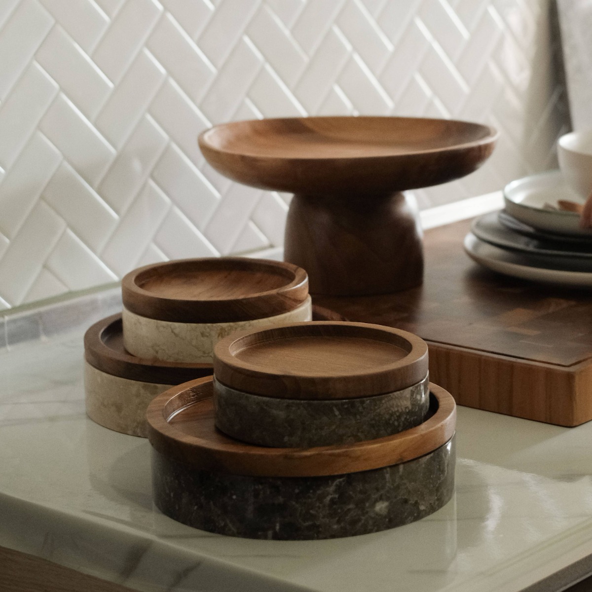 Marloe Grey Ash Marble Bowl with Wood Lid - Small