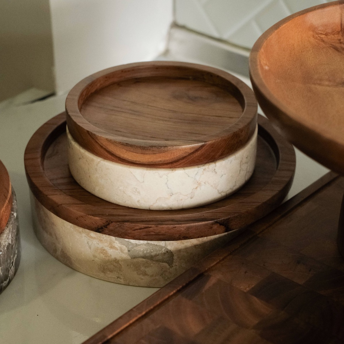 Marloe White Tusk Marble Bowl with Wood Lid - Small