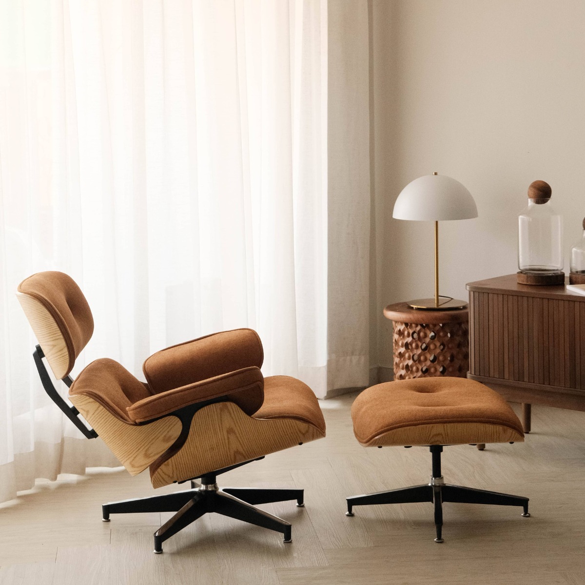 Replica Eames Lounge Chair with Ottoman - Oak & Camel Brown