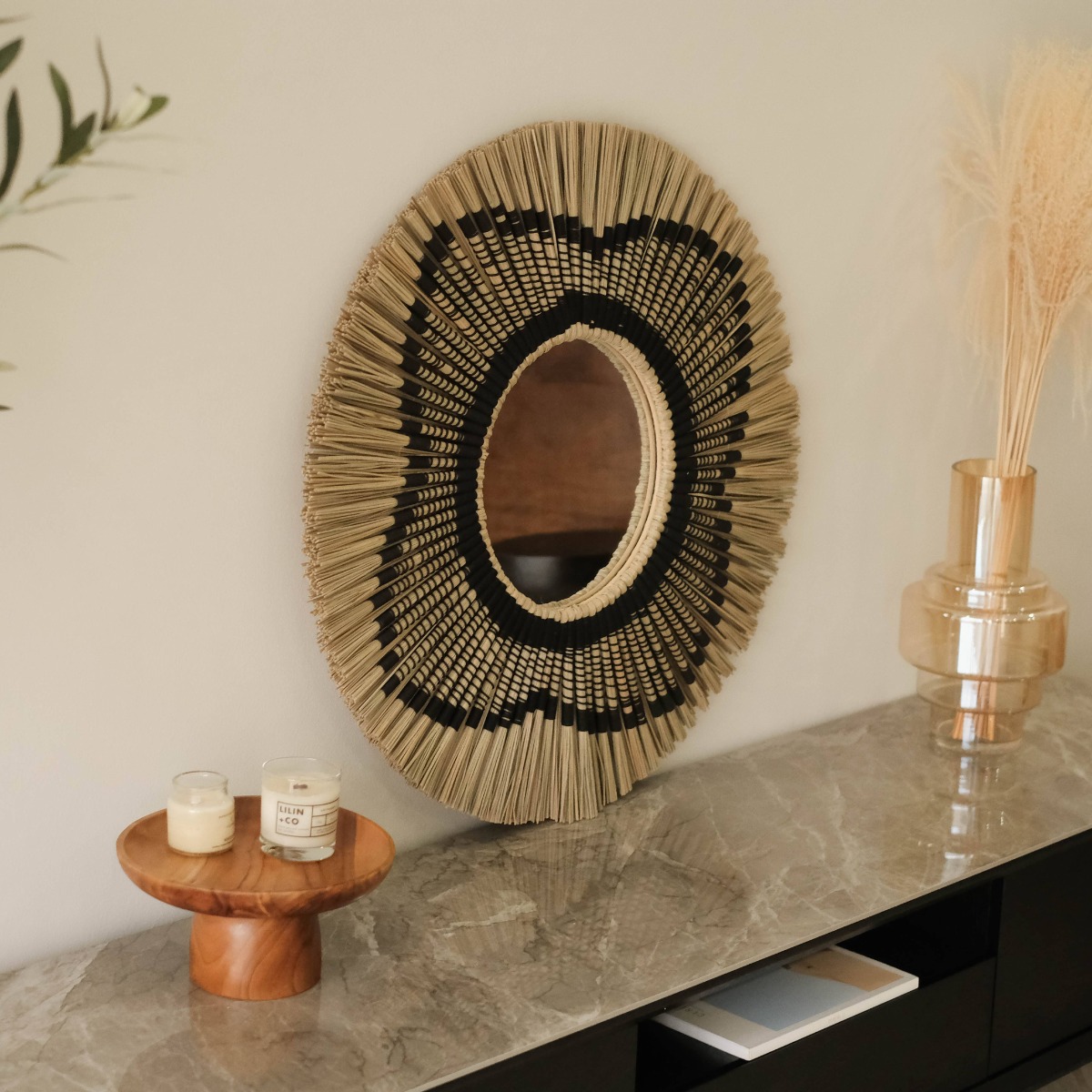 Topaz Natural Mendong Round Mirror