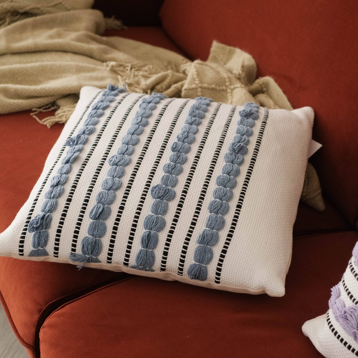 Miel White Blue Embroidered Cushion 45x45