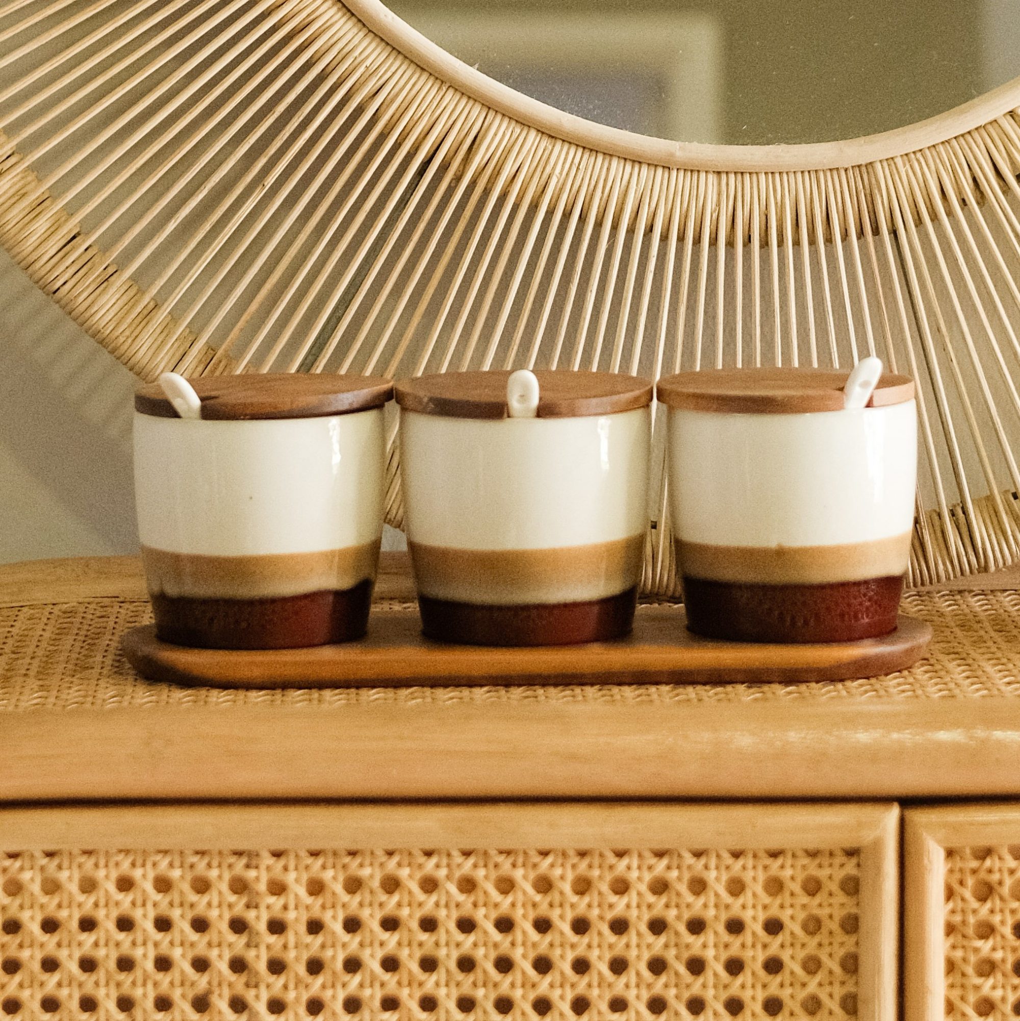 Jacob Bronze Set of 3 Sugar Pot with Wooden Lid & Tray