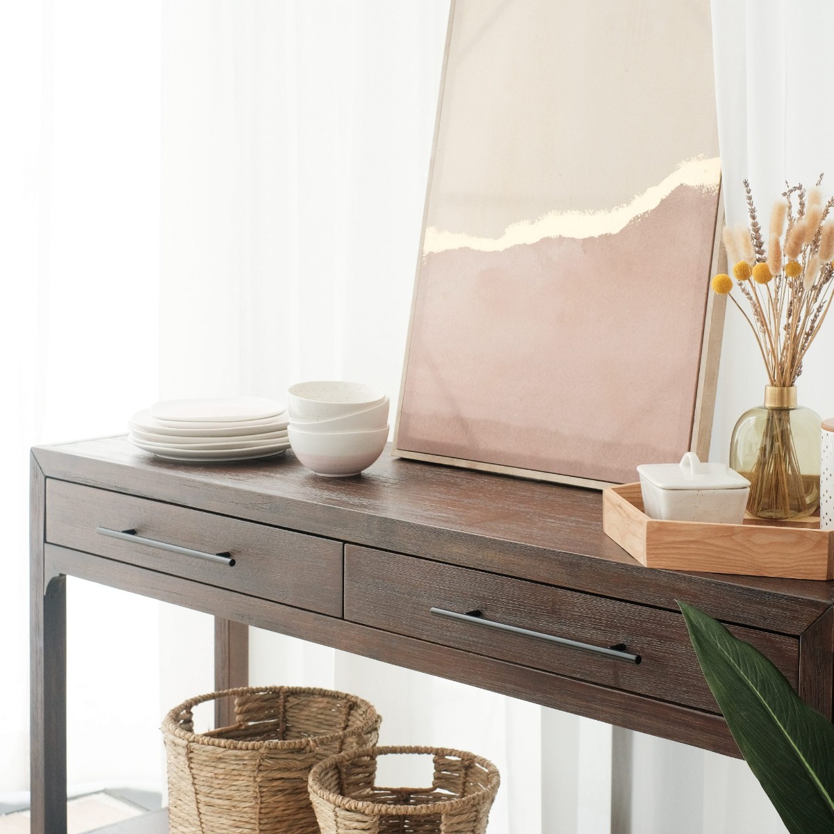 Ming Coffee Brown 2 Drawers Console Table
