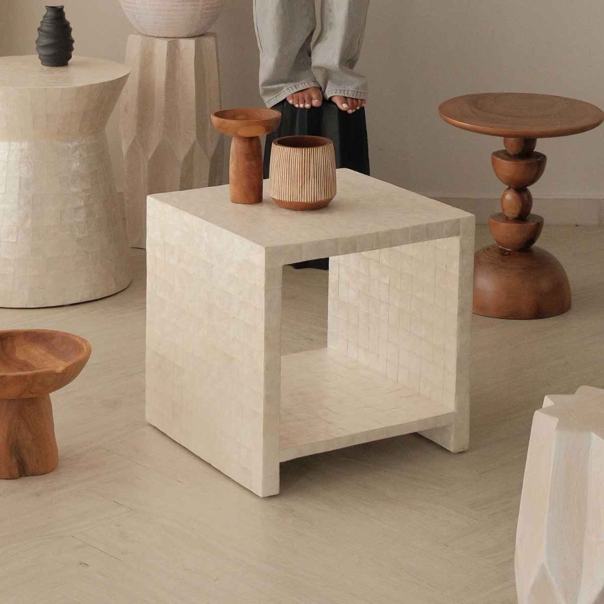 Bhavi Capiz White Side Table