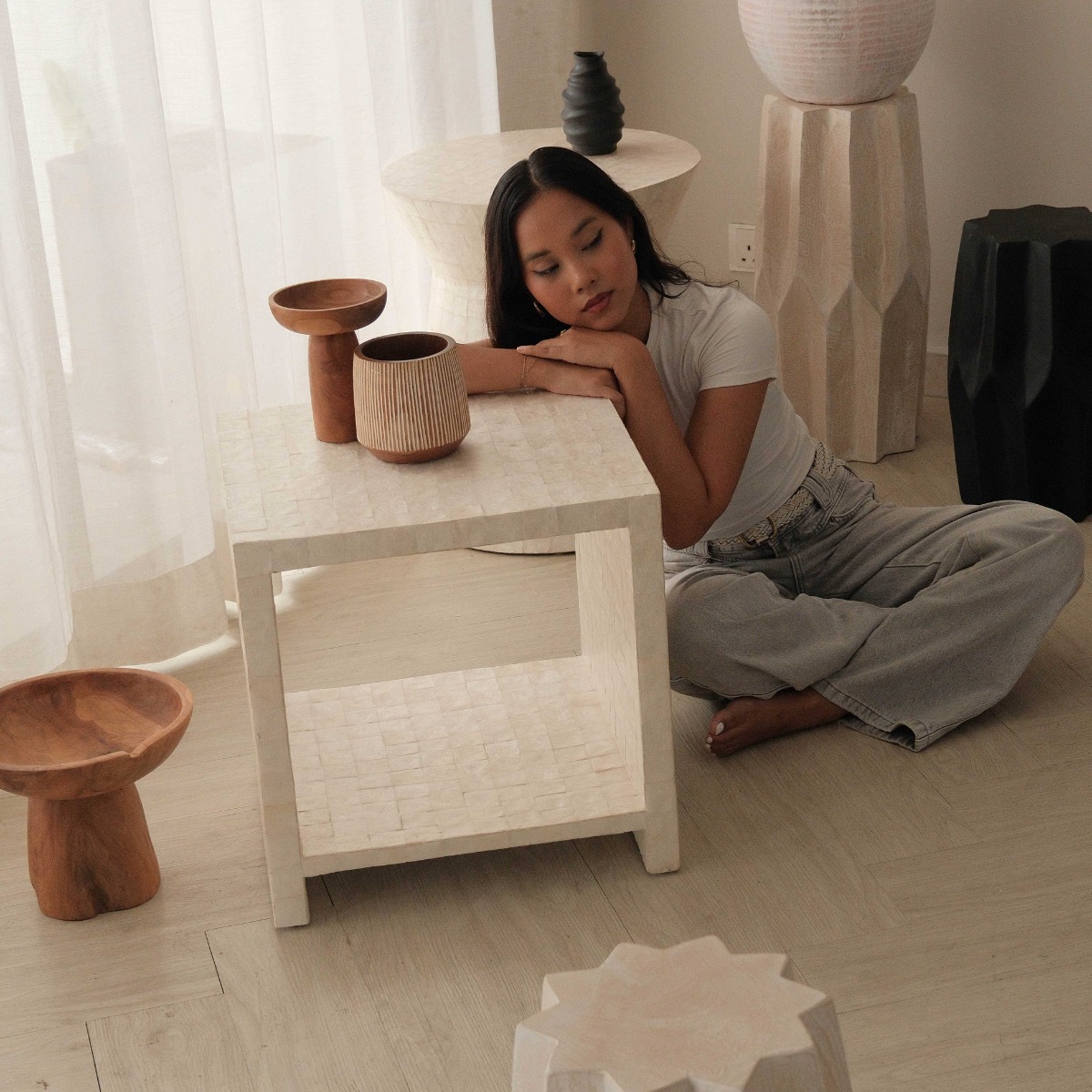 Bhavi Capiz White Side Table