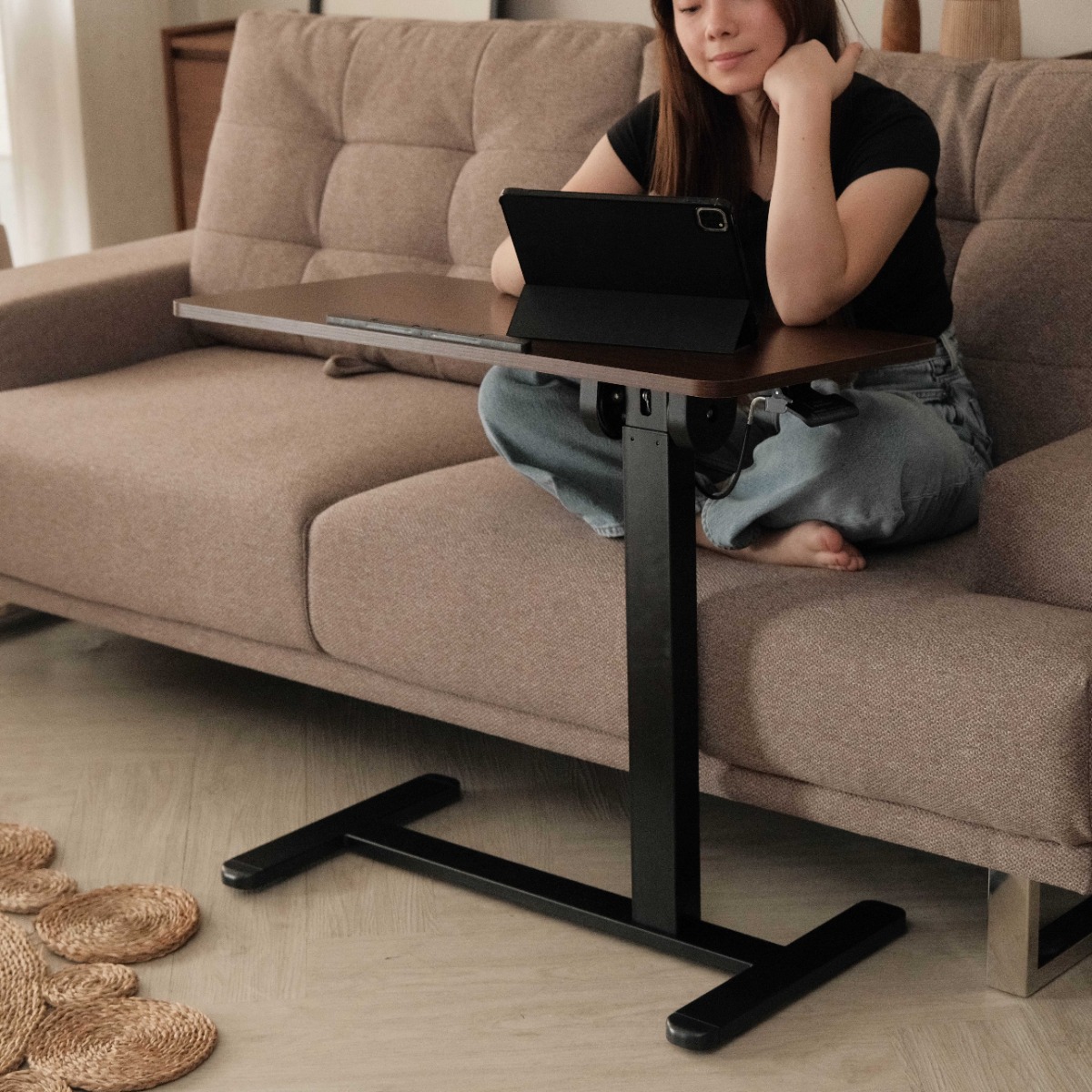 Felix Adjustable Side Table with Castors - Walnut & Matt Black