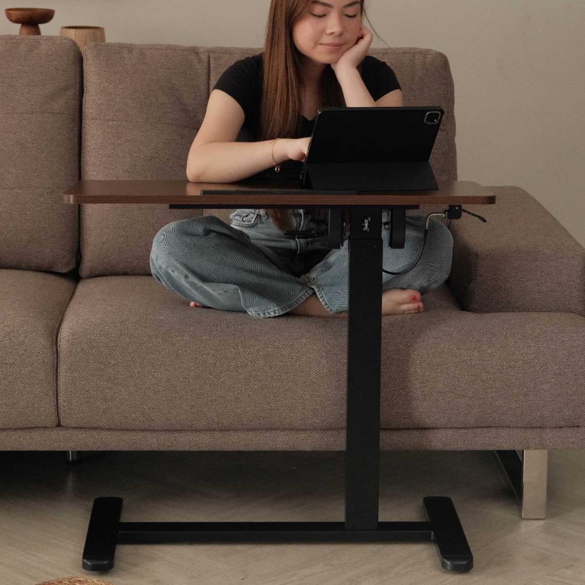 Felix Adjustable Side Table with Castors - Walnut & Matt Black