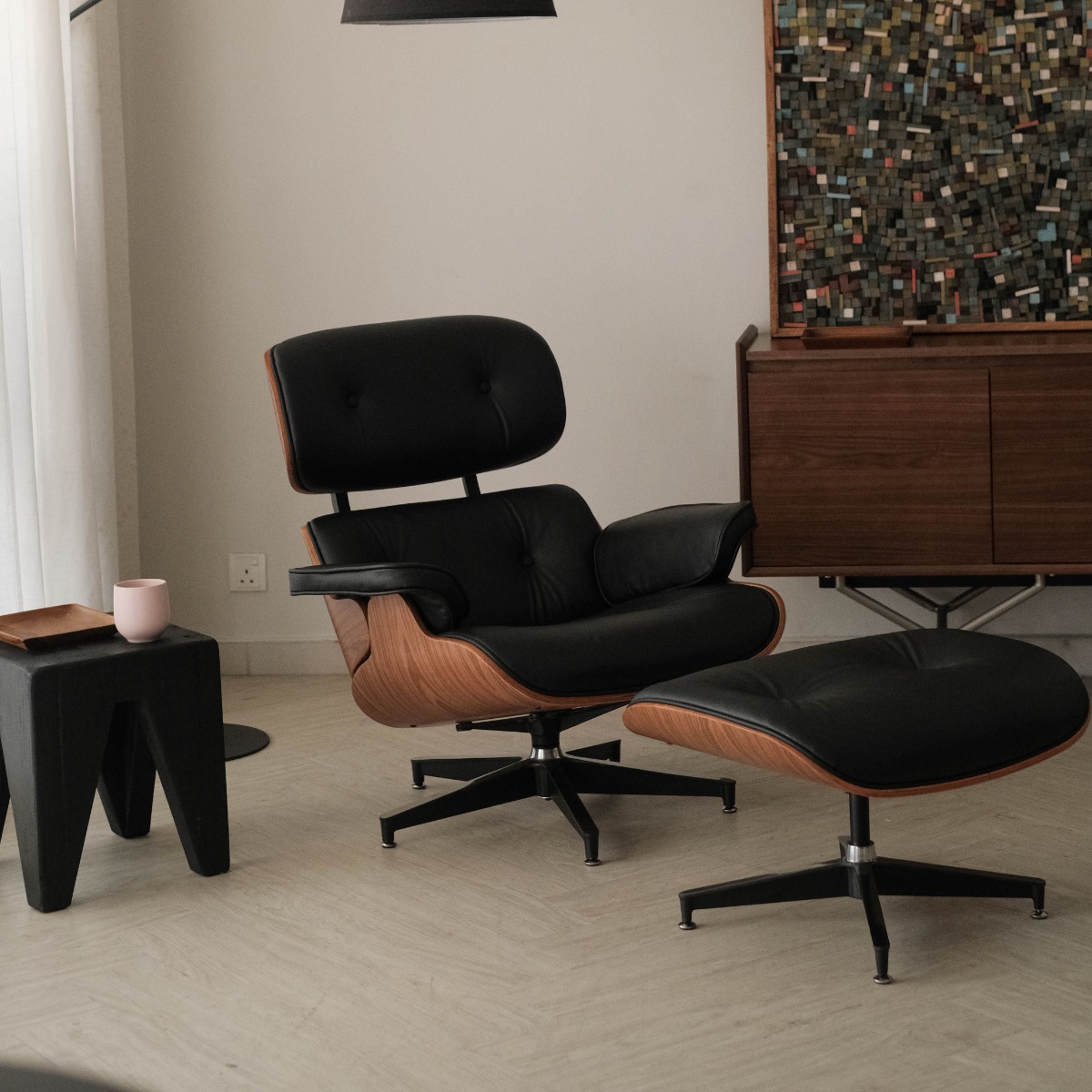 Replica Eames Lounge Chair with Ottoman - Walnut & Ebony Leather