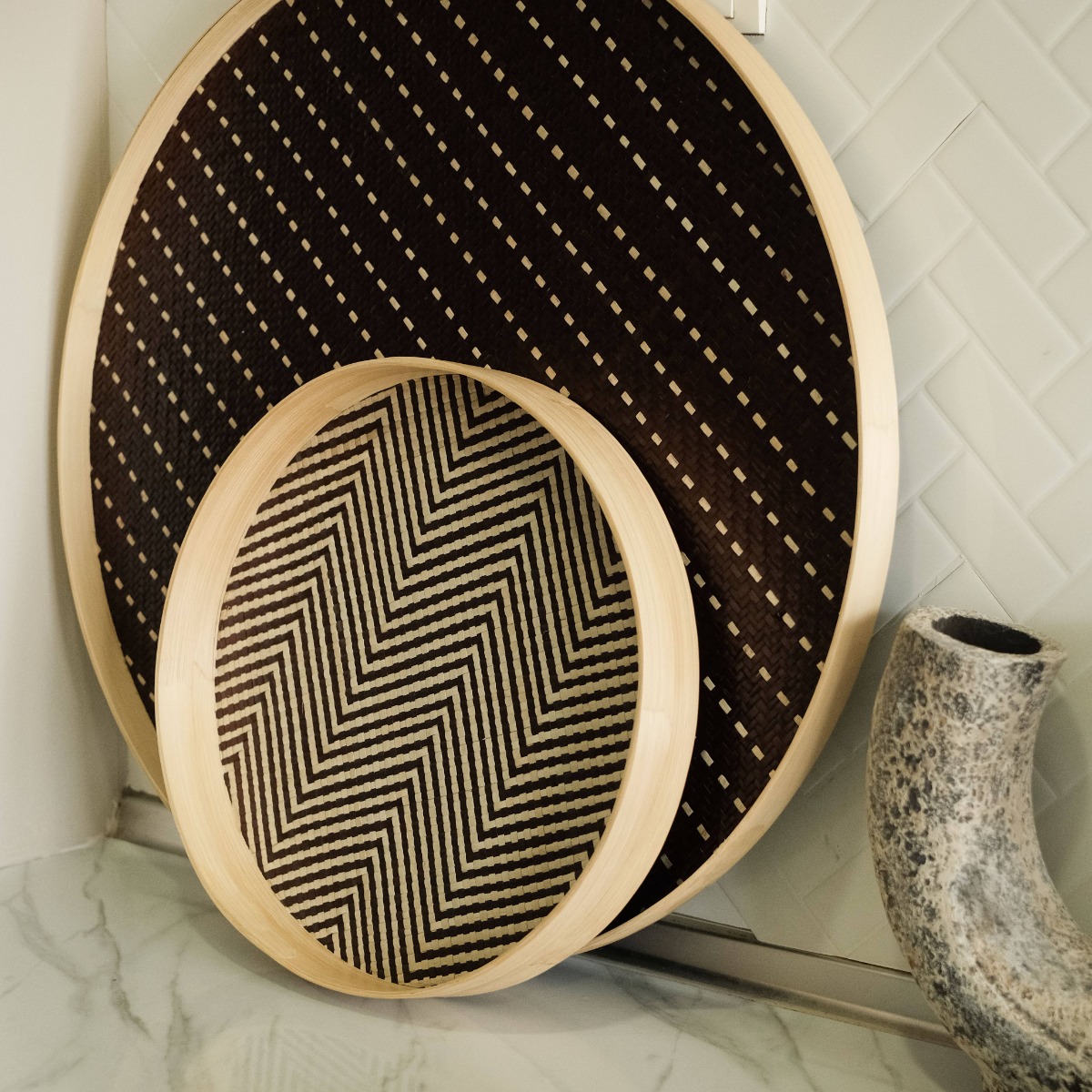 Bayu Chevron Pandanus Round Tray - Small