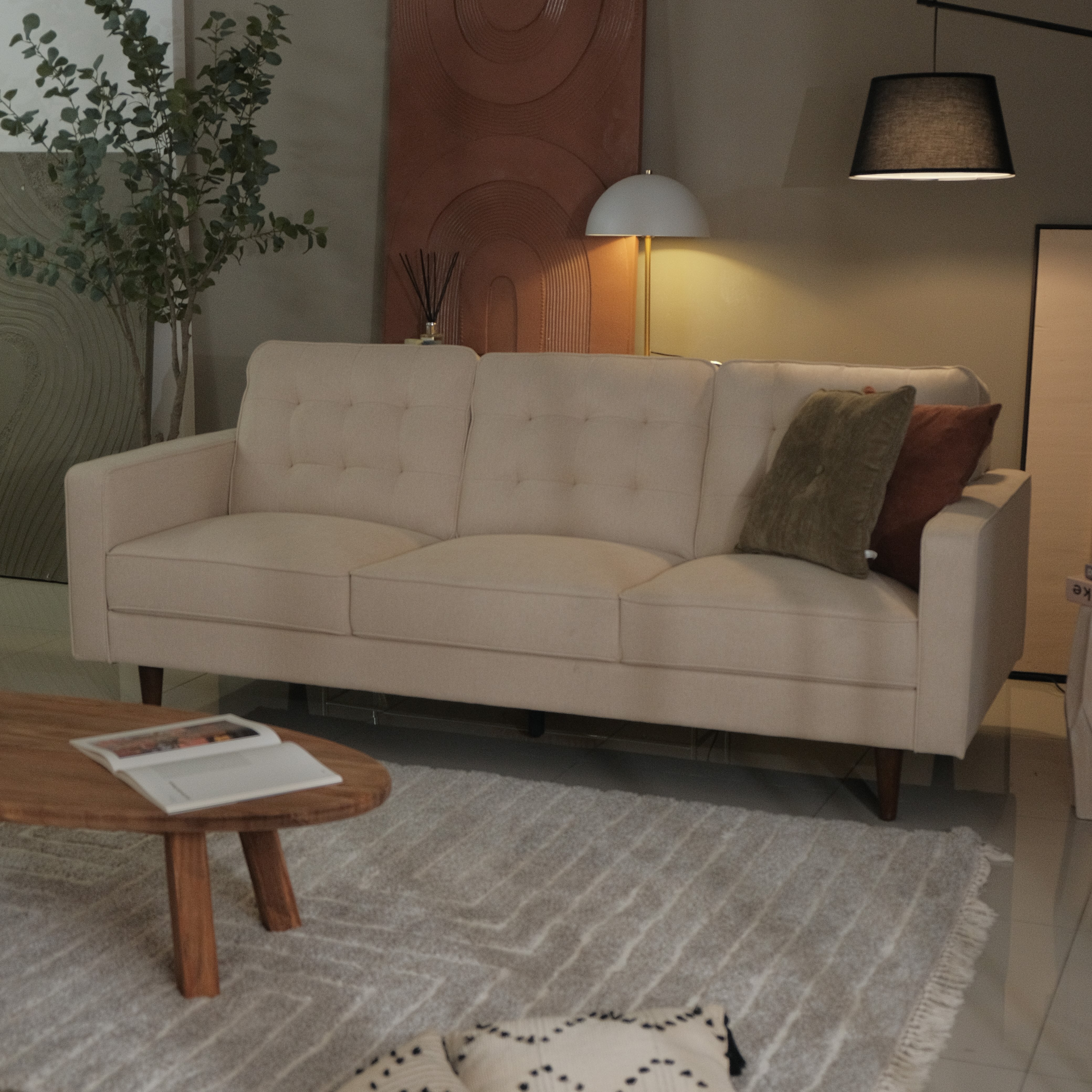 Jane Light Beige Mid-Century 3 Seater Sofa