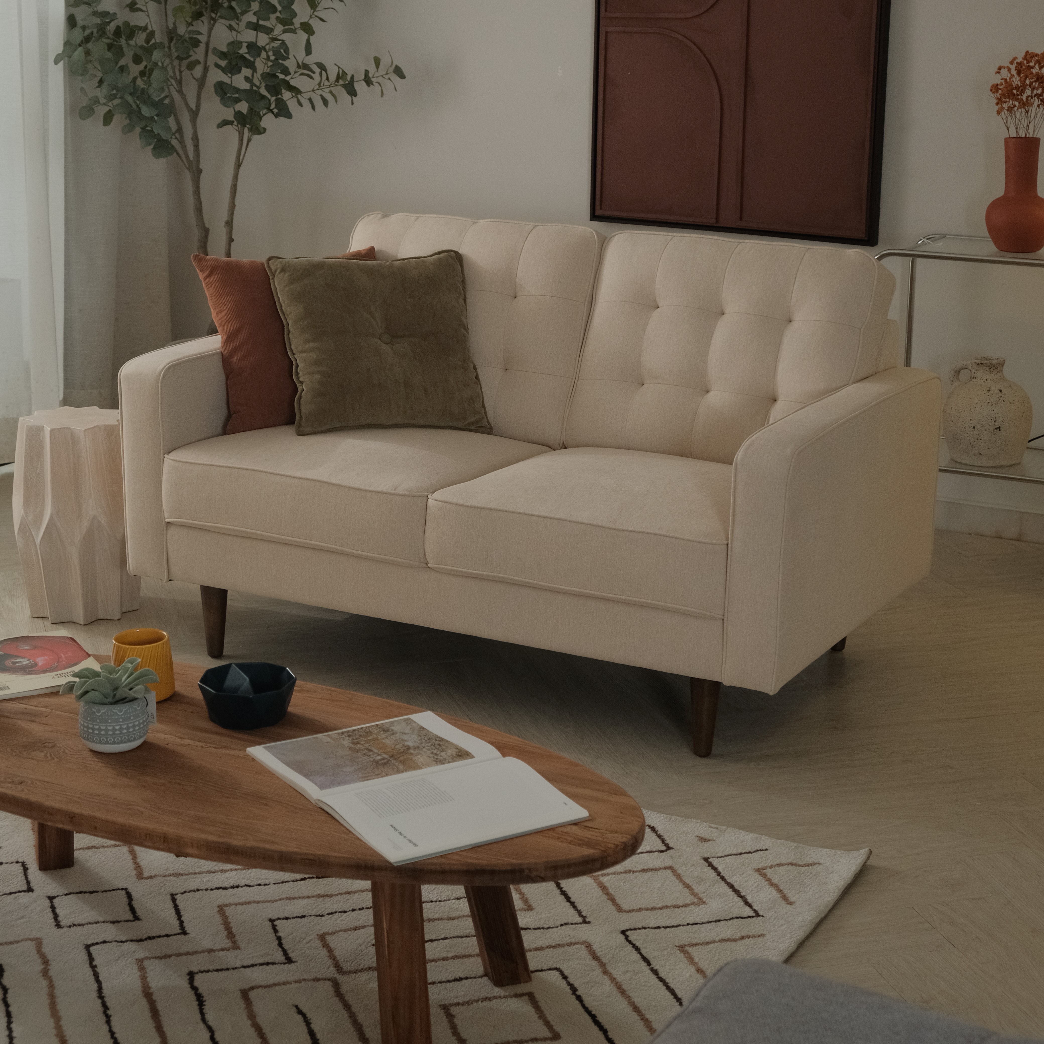 Jane Light Beige Mid-Century 2 Seater Sofa