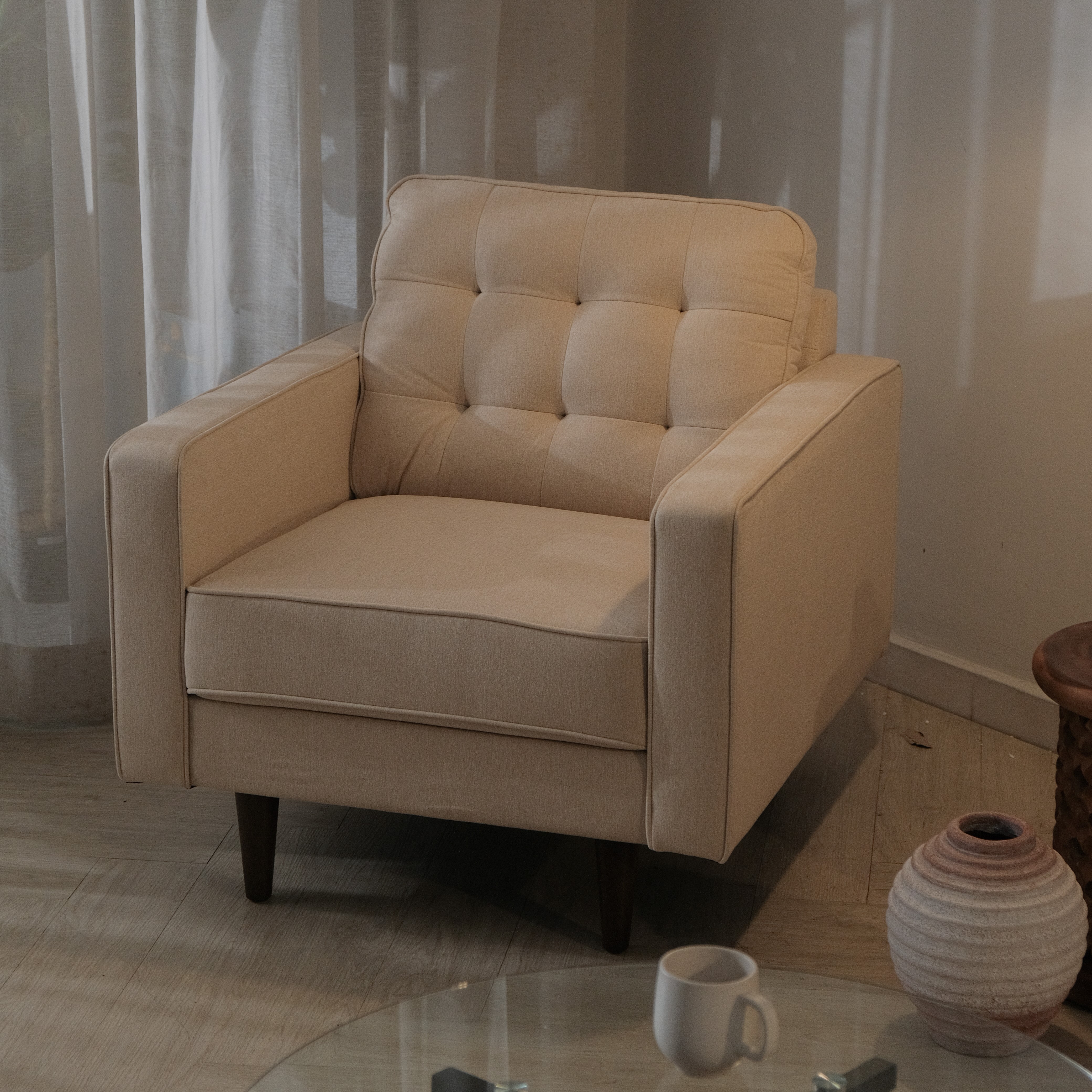 Jane Light Beige Mid-Century 1 Seater Sofa