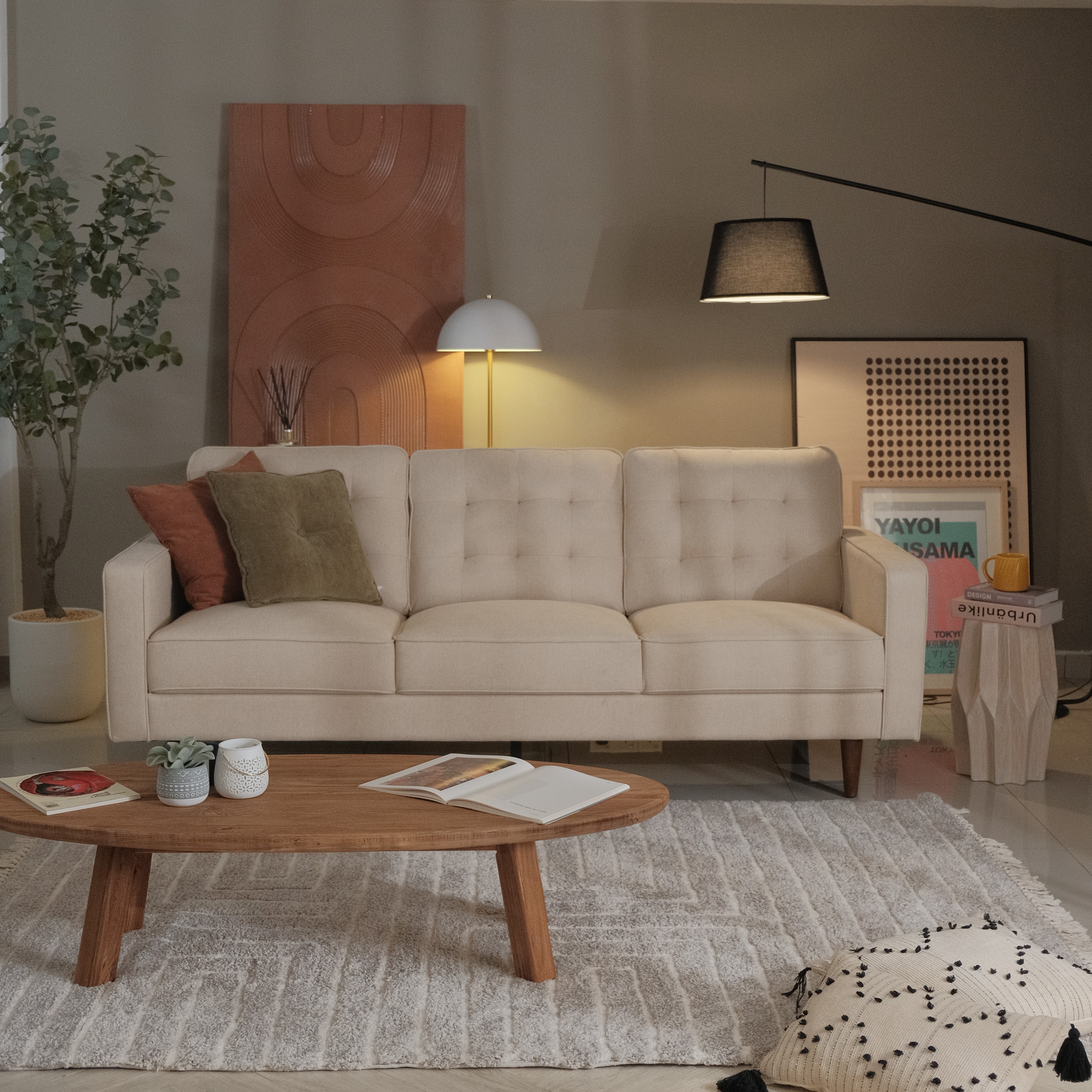 Jane Light Beige Mid-Century 3 Seater Sofa