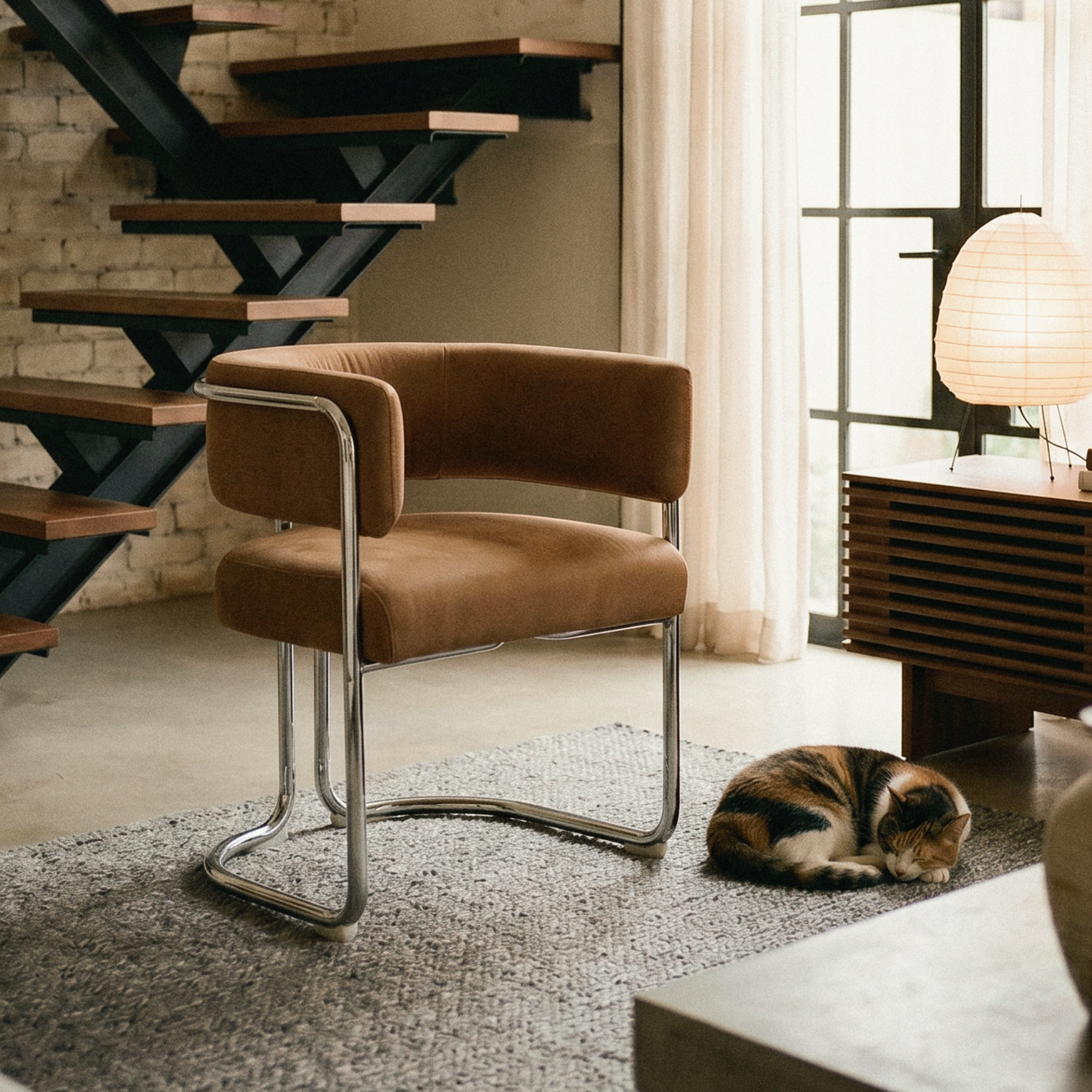 Juliet Mid Century Vintage Toffee Chair in a styled room setting